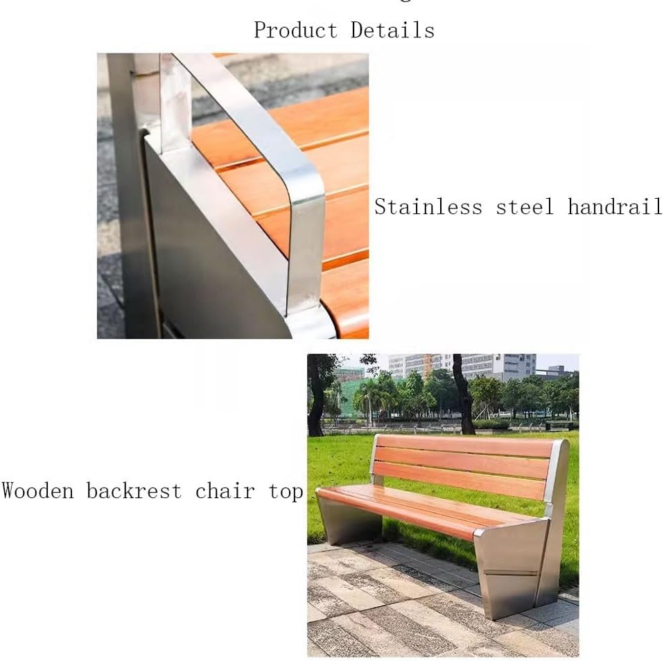 Garden Outdoor Park Backrest Chair, Stainless Steel Frame Wooden Bench, Garden Patio Leisure Seating Seat(Small)