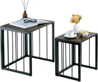MyGift Nesting End Tables, Rectangular Coffee Tables, Set of 2 Stacking Living Room Side Table with Rustic Burnt Solid Wood Tops and Modern Black Metal Frame