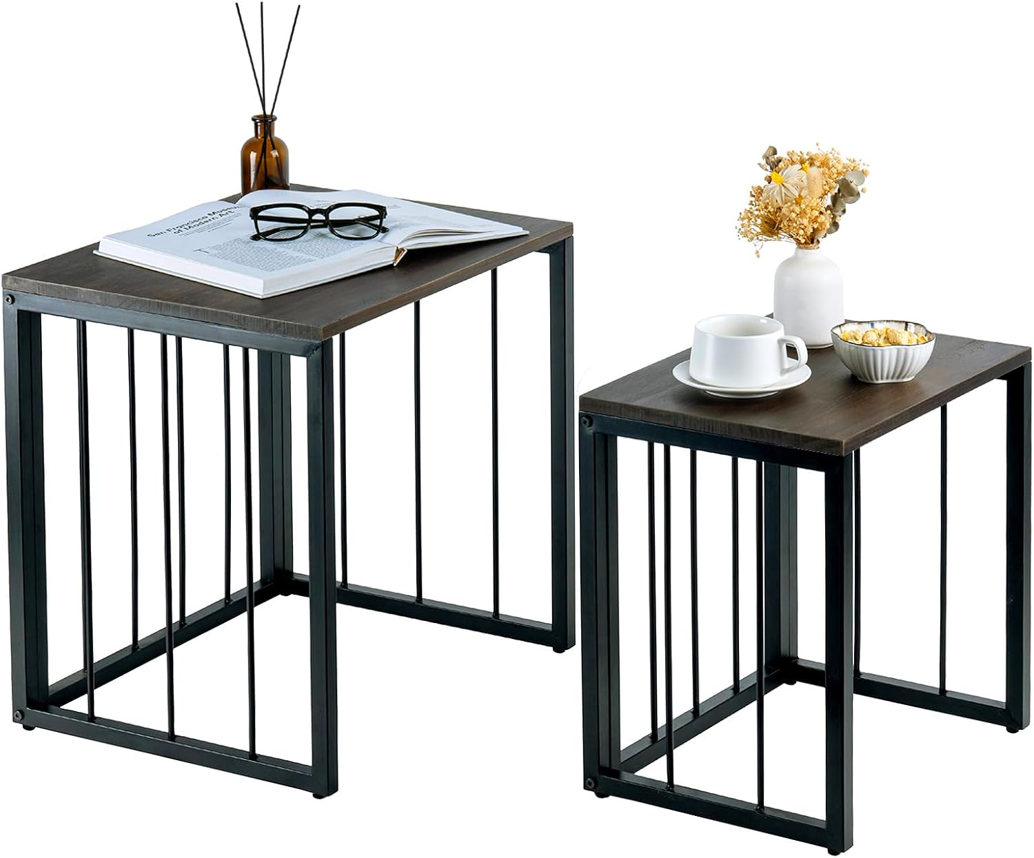 MyGift Nesting End Tables, Rectangular Coffee Tables, Set of 2 Stacking Living Room Side Table with Rustic Burnt Solid Wood Tops and Modern Black Metal Frame