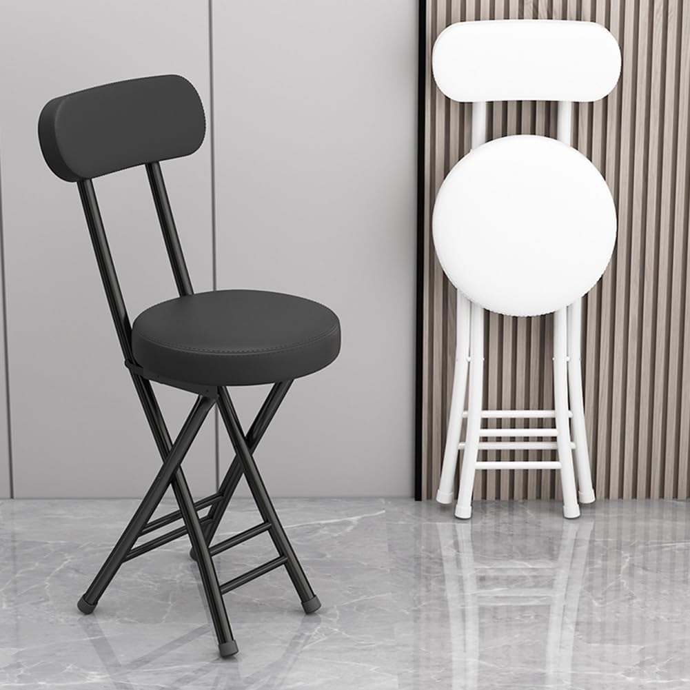 Folding Stool with Backrest, Cushioned Padded Leather Round Portable Foldable Bar Stool Chair for Kitchen(Green)