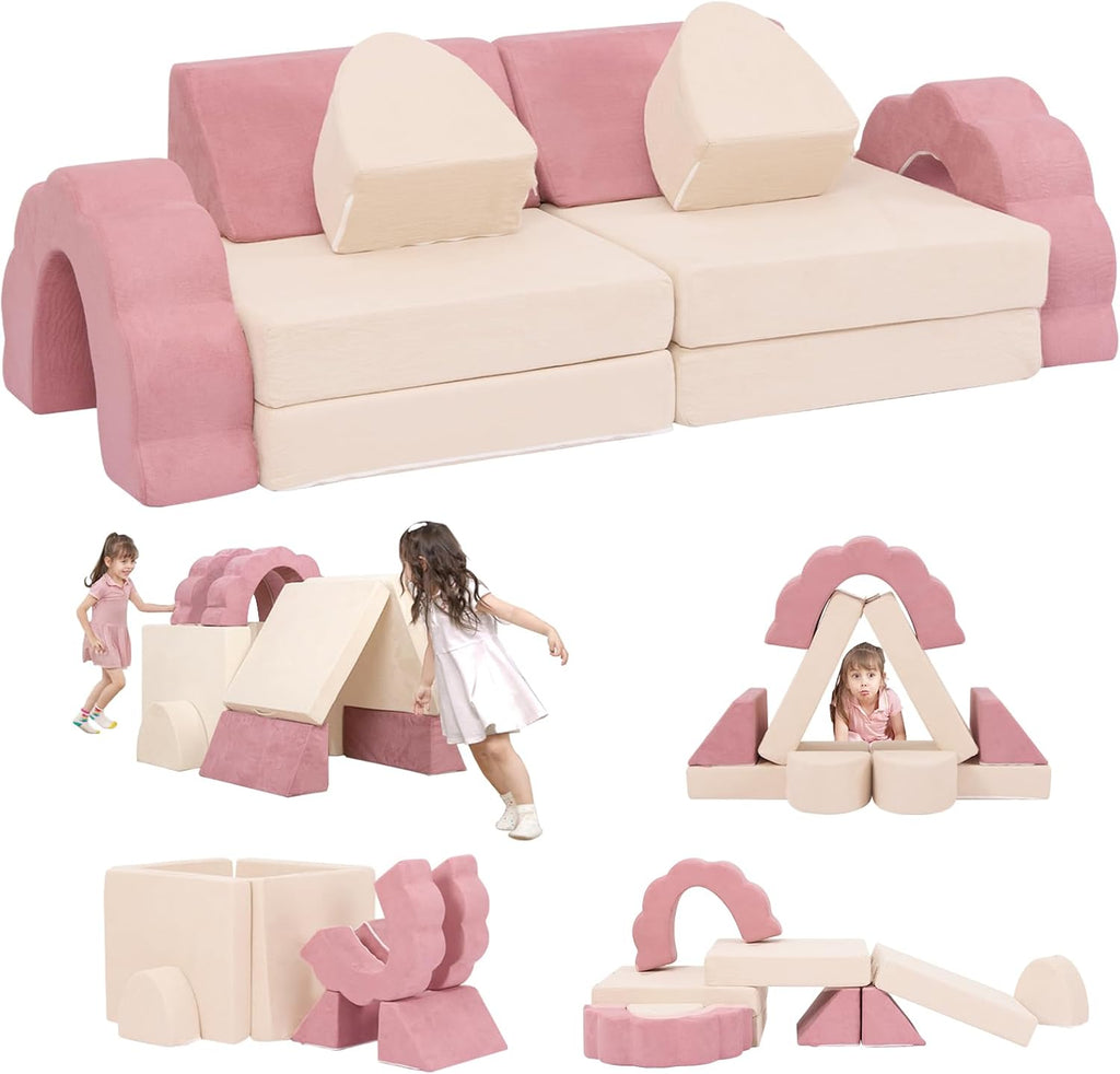 Flower Kids Play Couch 10PCS Toddler Couch High Density Foam Sectional Sofa Playroom Kids Furniture for Girls and Boys Bedroom (Pink)