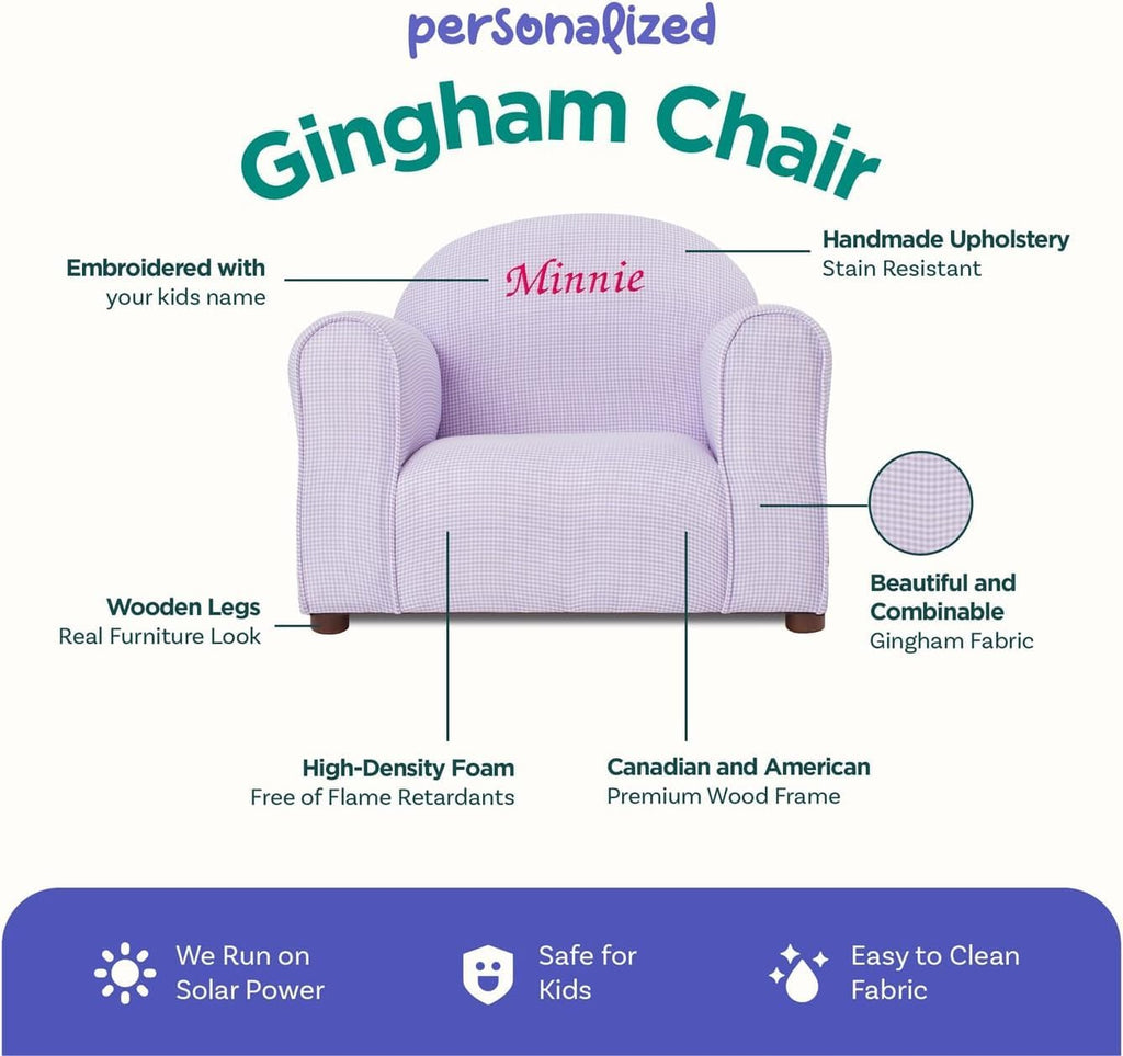 Keet Personalized Gingham Kids Chair with Custom Name Embroidery, Soft Microsuede Fabric, Padded Cushion, Wooden Frame, Ages 2-5, Comfortable & Stylish Toddler Armchair for Playroom & Bedroom.