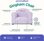 Keet Personalized Gingham Kids Chair with Custom Name Embroidery, Soft Microsuede Fabric, Padded Cushion, Wooden Frame, Ages 2-5, Comfortable & Stylish Toddler Armchair for Playroom & Bedroom.