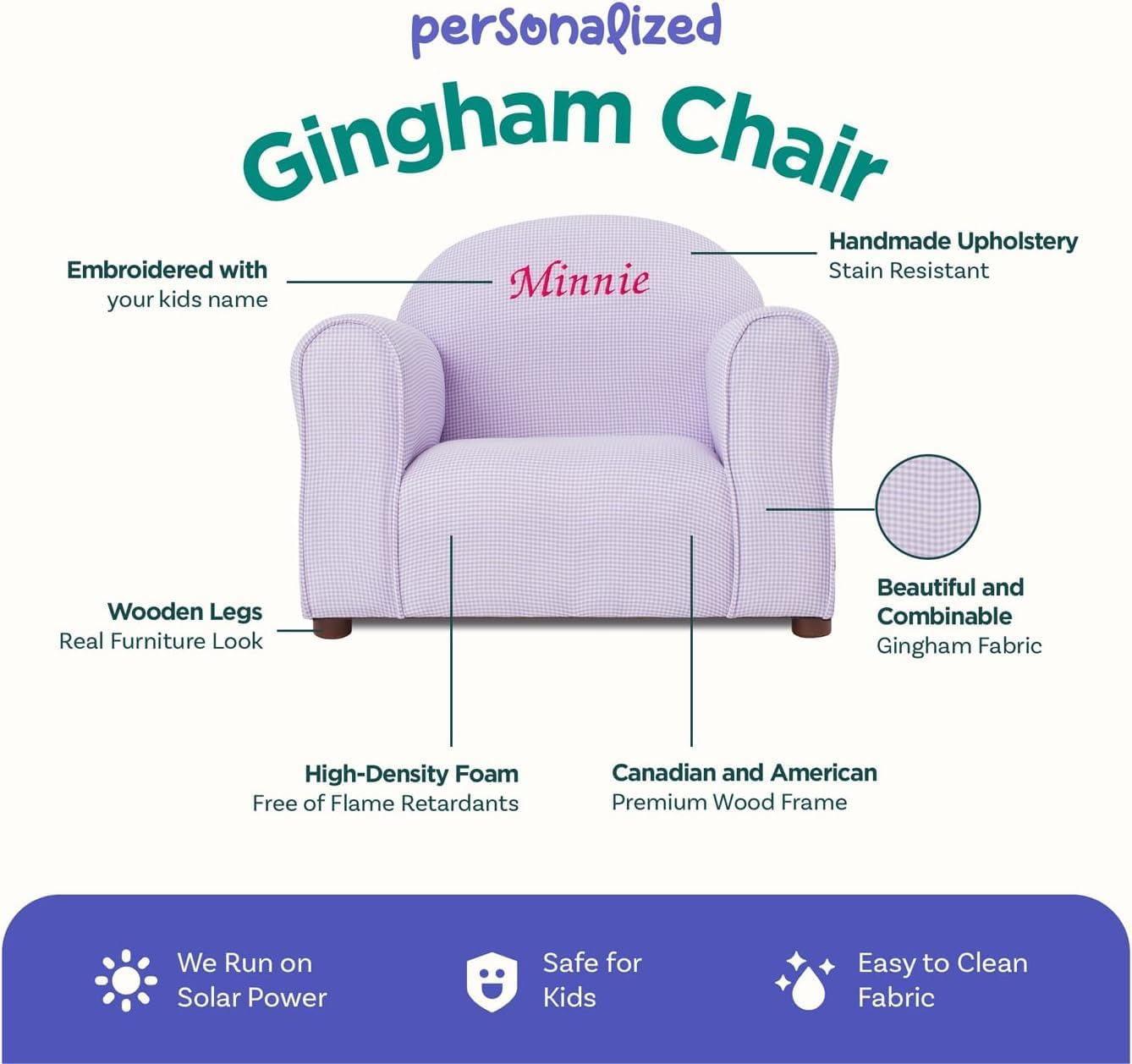 Keet Personalized Gingham Kids Chair with Custom Name Embroidery, Soft Microsuede Fabric, Padded Cushion, Wooden Frame, Ages 2-5, Comfortable & Stylish Toddler Armchair for Playroom & Bedroom.