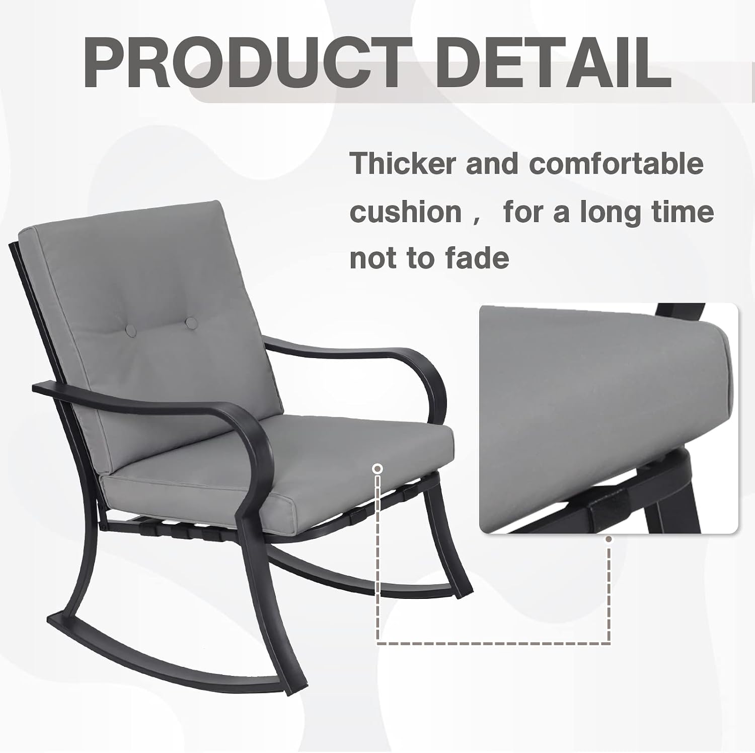 Outdoor 3-Piece Rocking Chairs, Patio Bistro Furniture Set, 2 Black Steel Rocking Chairs with Cushion and Glass Top Coffee Table (Grey)