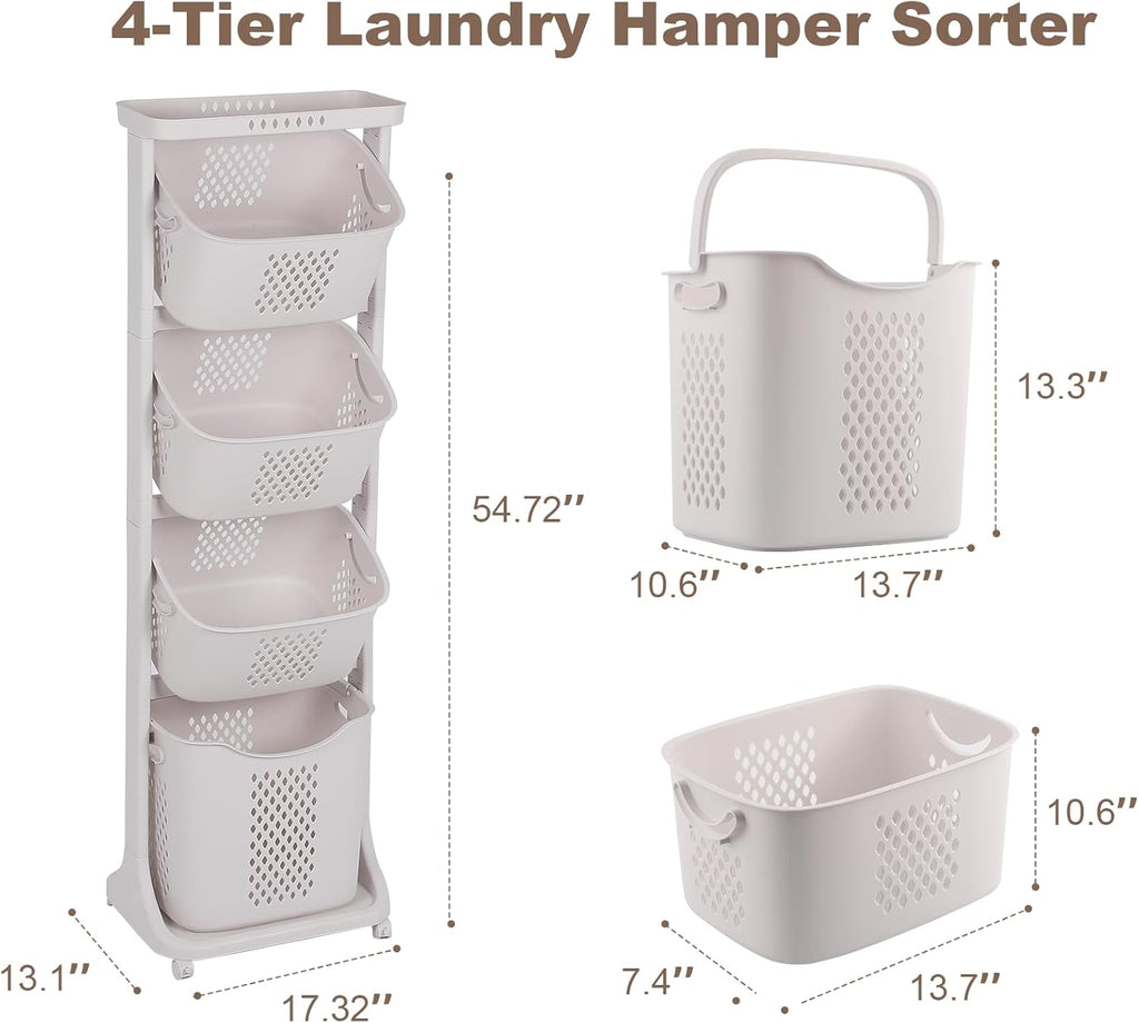 FAHKNS 4-Tier Laundry Sorter Cart with Wheels, Large 95L Capacity Hamper Organizer, Rolling Storage with Removable Mesh Bins for Laundry Use in Home, Dorm, Apartment (17.3"x13.1"x54.7")