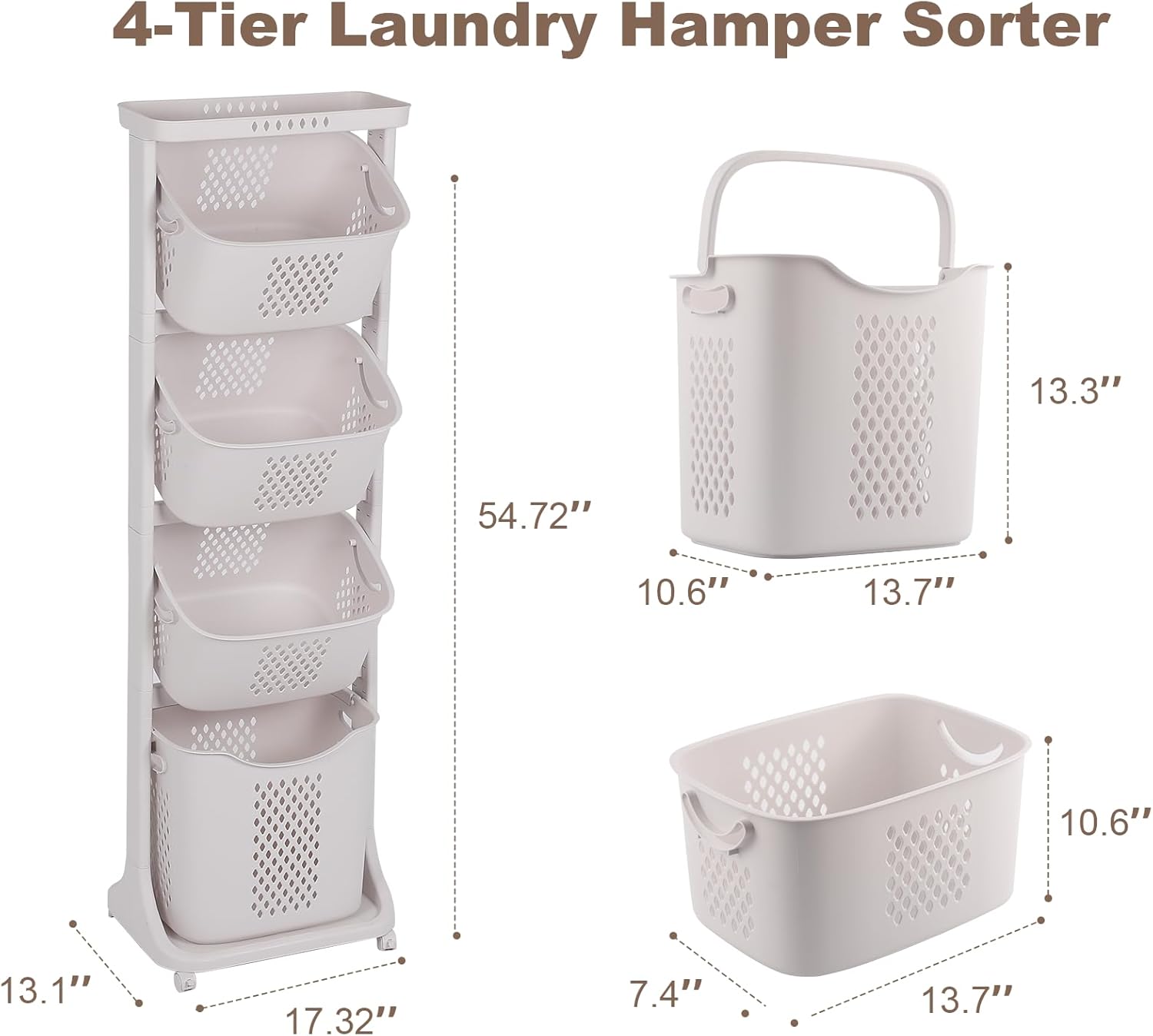 FAHKNS 4-Tier Laundry Sorter Cart with Wheels, Large 95L Capacity Hamper Organizer, Rolling Storage with Removable Mesh Bins for Laundry Use in Home, Dorm, Apartment (17.3"x13.1"x54.7")