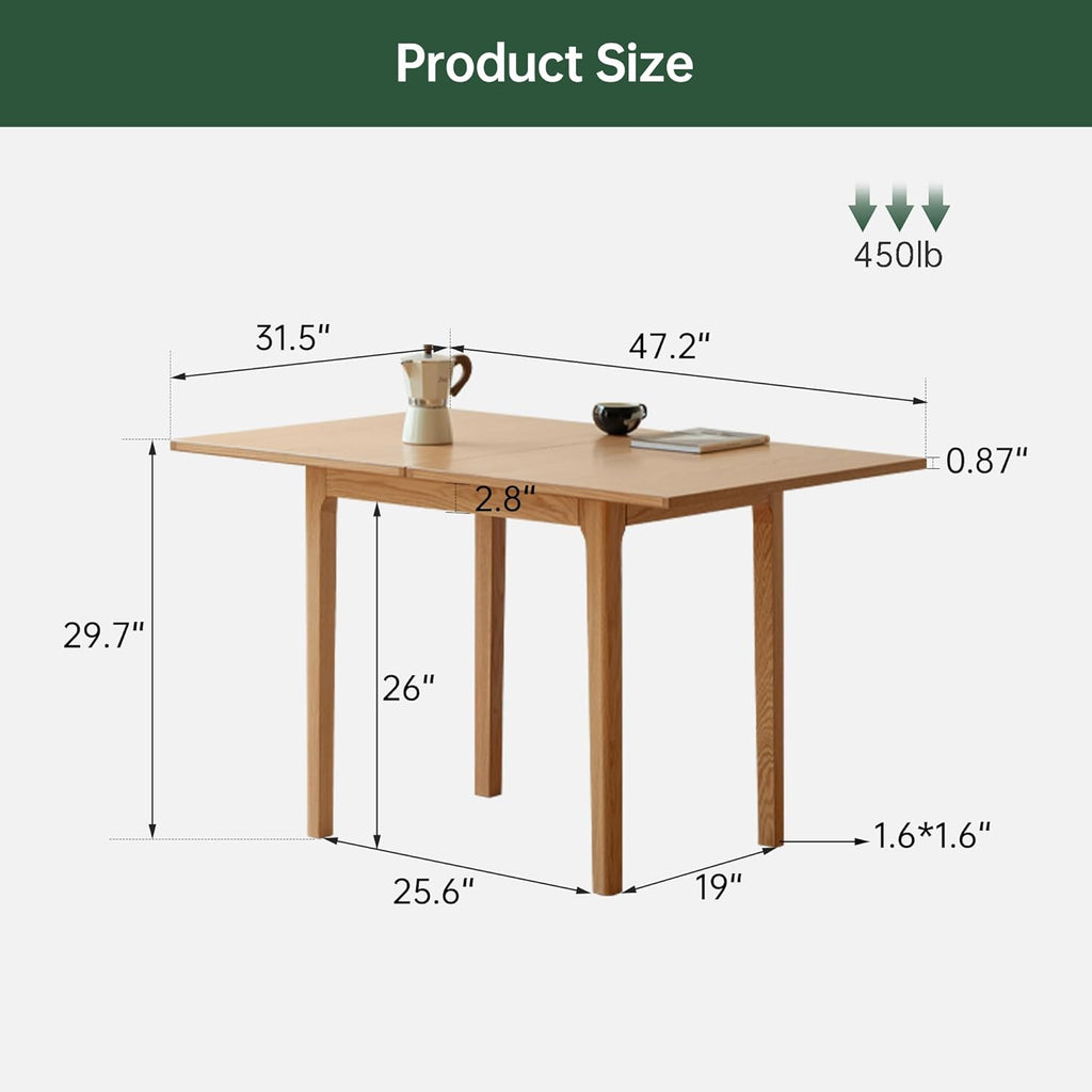 31"-47" Extendable Dining Table Chairs and bench Set for 4, Solid Wood Folding Kitchen Table with Oak Wood Legs, Space-Saving Dinner Tables for Living Room, Kitchen(Original, 1table+2chairs+1bench)