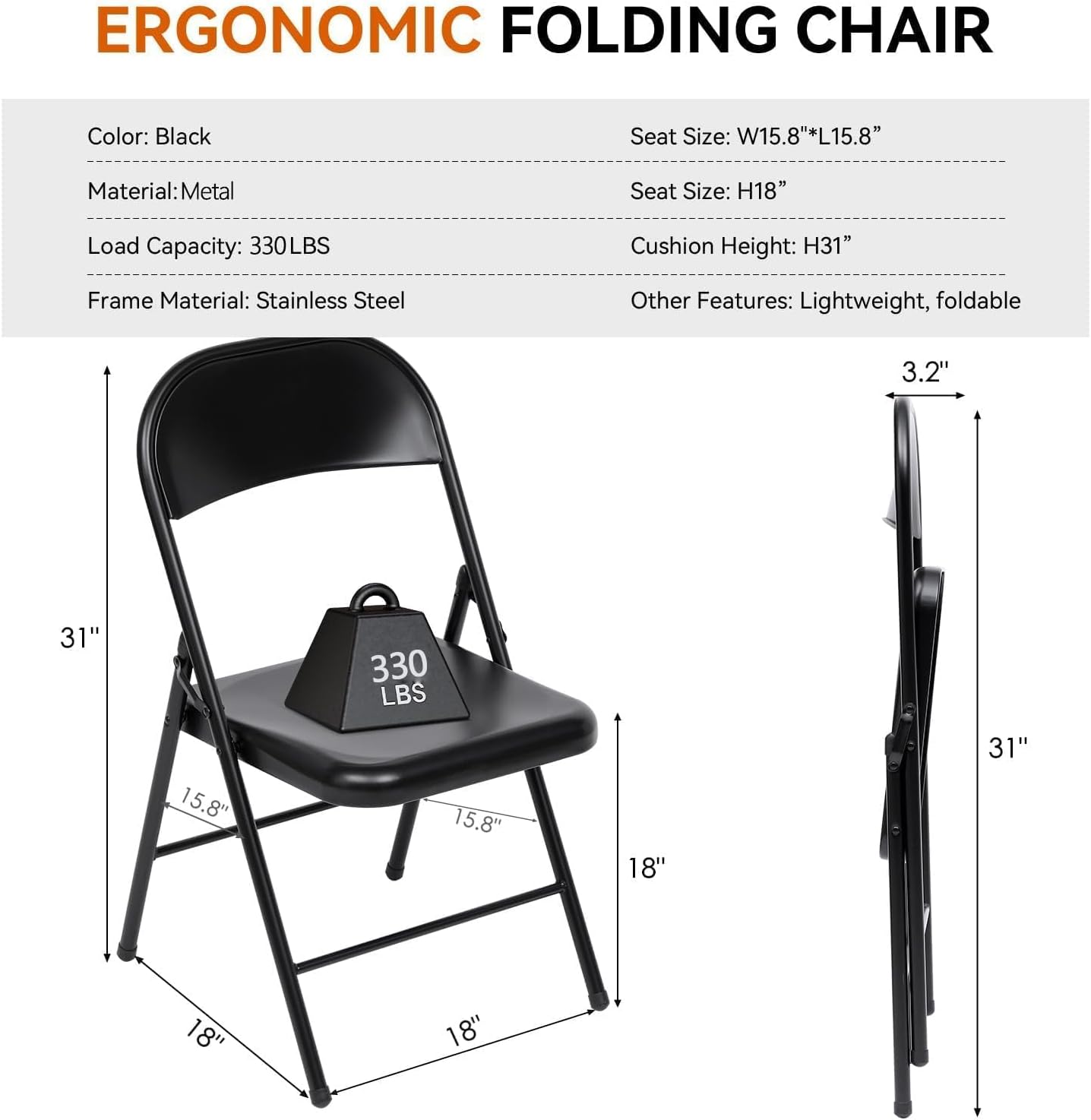 6 Pack Folding Chairs, 330 lbs Heavy Duty All Metal Folding Chair with Ergonomic Backrest, Portable Foldable Chair for Office Dining Party Meeting Outdoor Black