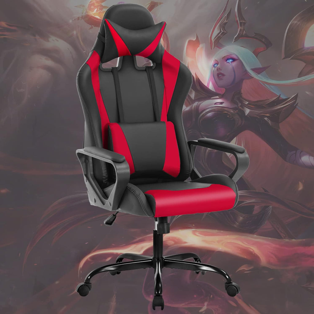 Ergonomic Gaming Chair, High Back PU Leather Office Chair with Adjustable Lumbar Support & Headrest – Swivel Computer Desk Chair for Adults, Teens, Kids – Heavy Duty Executive Red Game Chair-Red