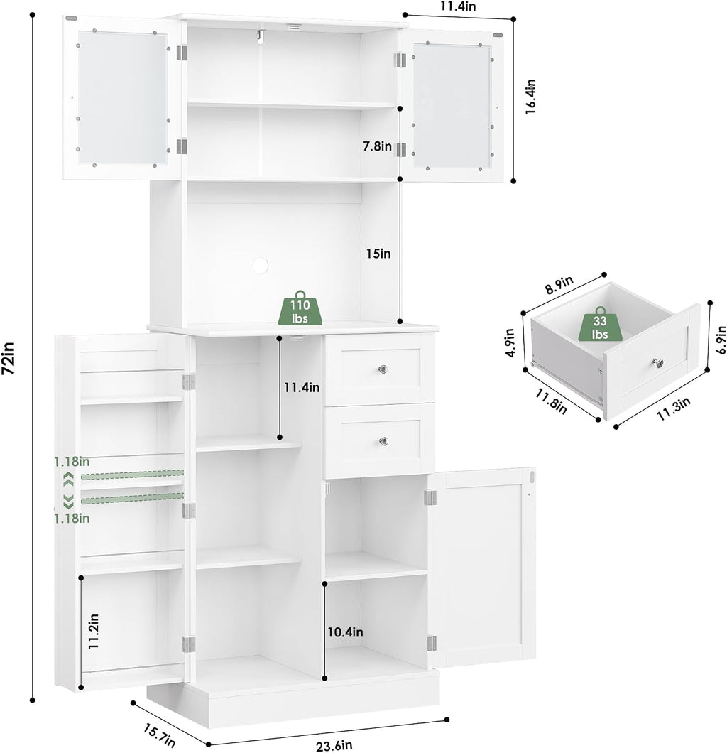 BOTLOG 72" Tall Kitchen Pantry Storage Cabinet, Kitchen Hutch Cabinet with Doors and Shelves, Modern Food Pantry with 2 Drawers for Dining Room, Living Room, White