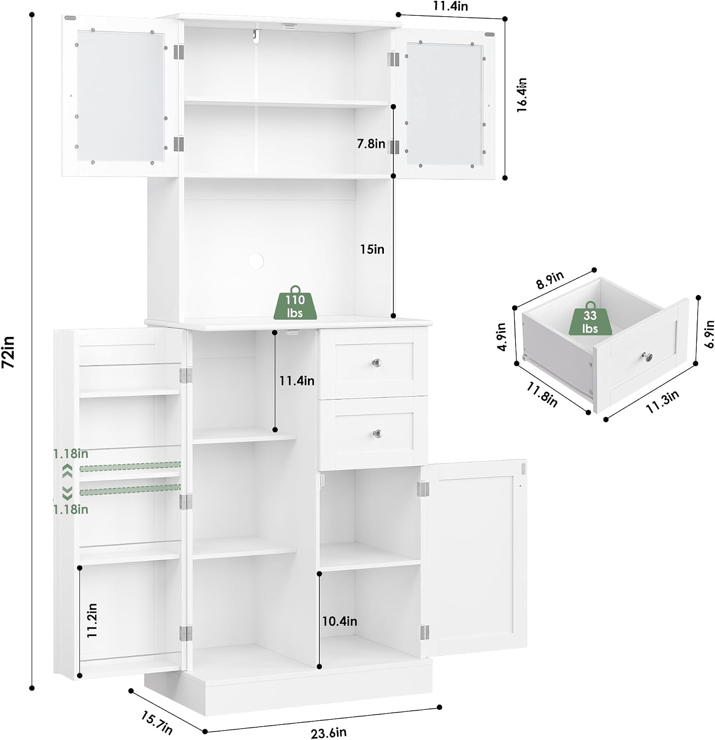 BOTLOG 72" Tall Kitchen Pantry Storage Cabinet, Kitchen Hutch Cabinet with Doors and Shelves, Modern Food Pantry with 2 Drawers for Dining Room, Living Room, White