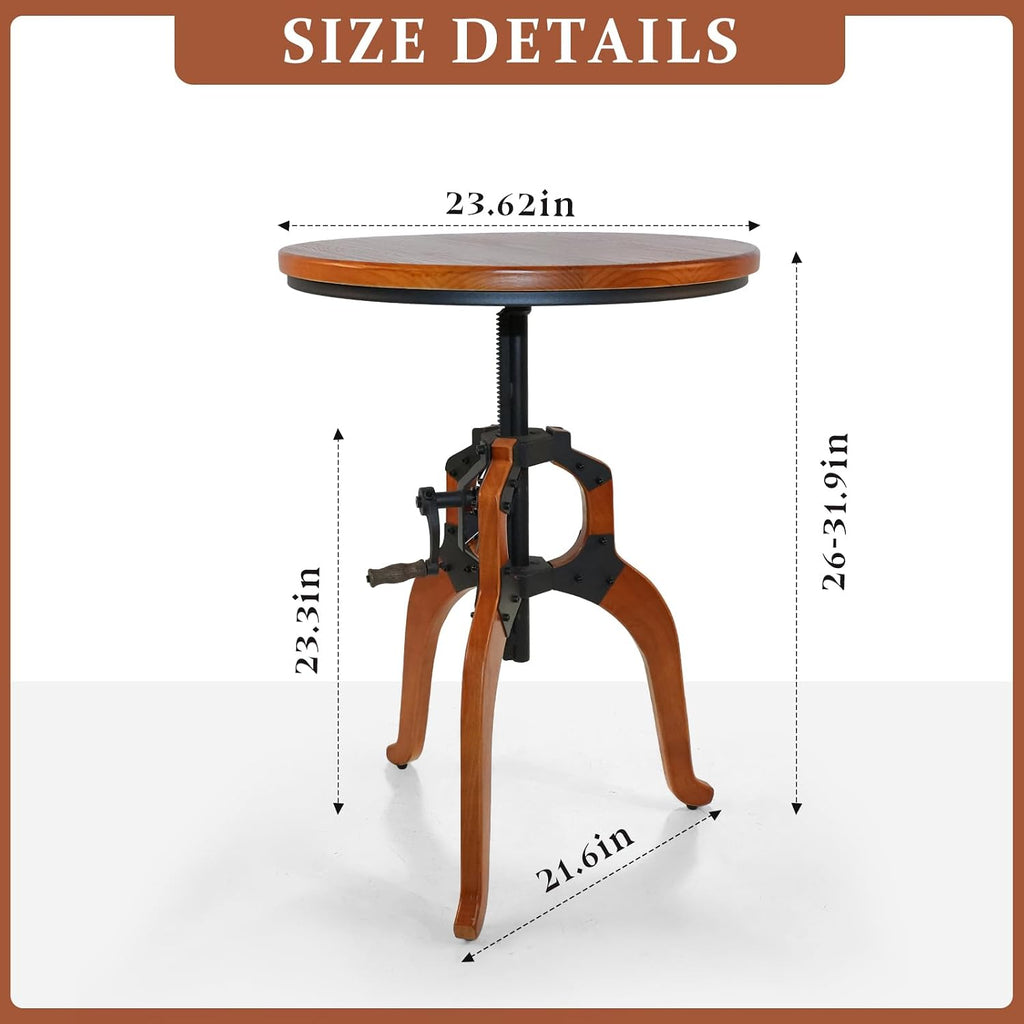 LOKKHAN Industrial Vintage Side Table, 23.62" Solid Wood Round Tabletop, 26-31.9" Height Adjustable with Lift Rocker Mechanism, Sturdy Shaft & Triangular Wood Base, Multi-Functional