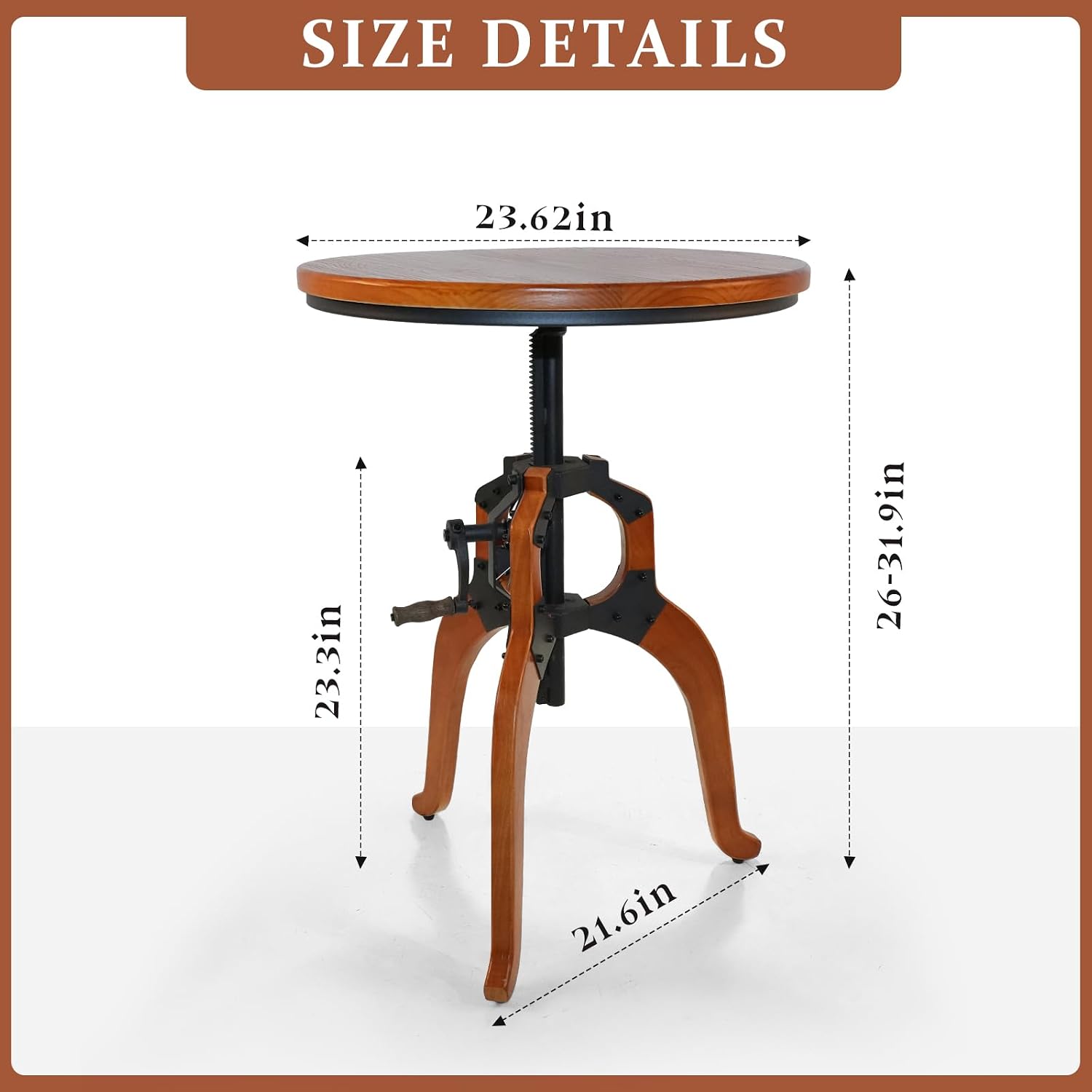 LOKKHAN Industrial Vintage Side Table, 23.62" Solid Wood Round Tabletop, 26-31.9" Height Adjustable with Lift Rocker Mechanism, Sturdy Shaft & Triangular Wood Base, Multi-Functional