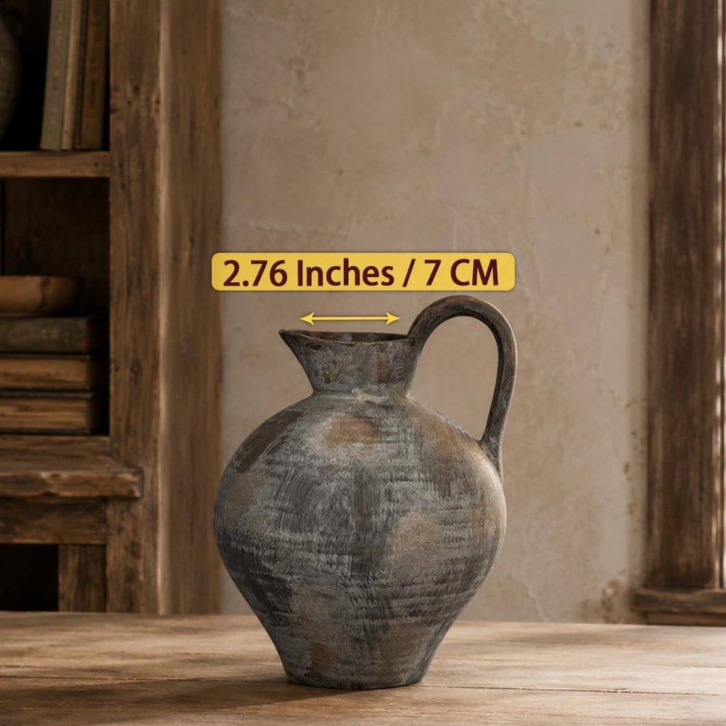 Ceramic Rustic Farmhouse Vase with Handle, 8.8 Inch Brown Vintage Vase, Rustic Ceramic Pottery for Home Decor, Farmhouse Decor Centerpiece for Kitchen, Living Room, Entryway