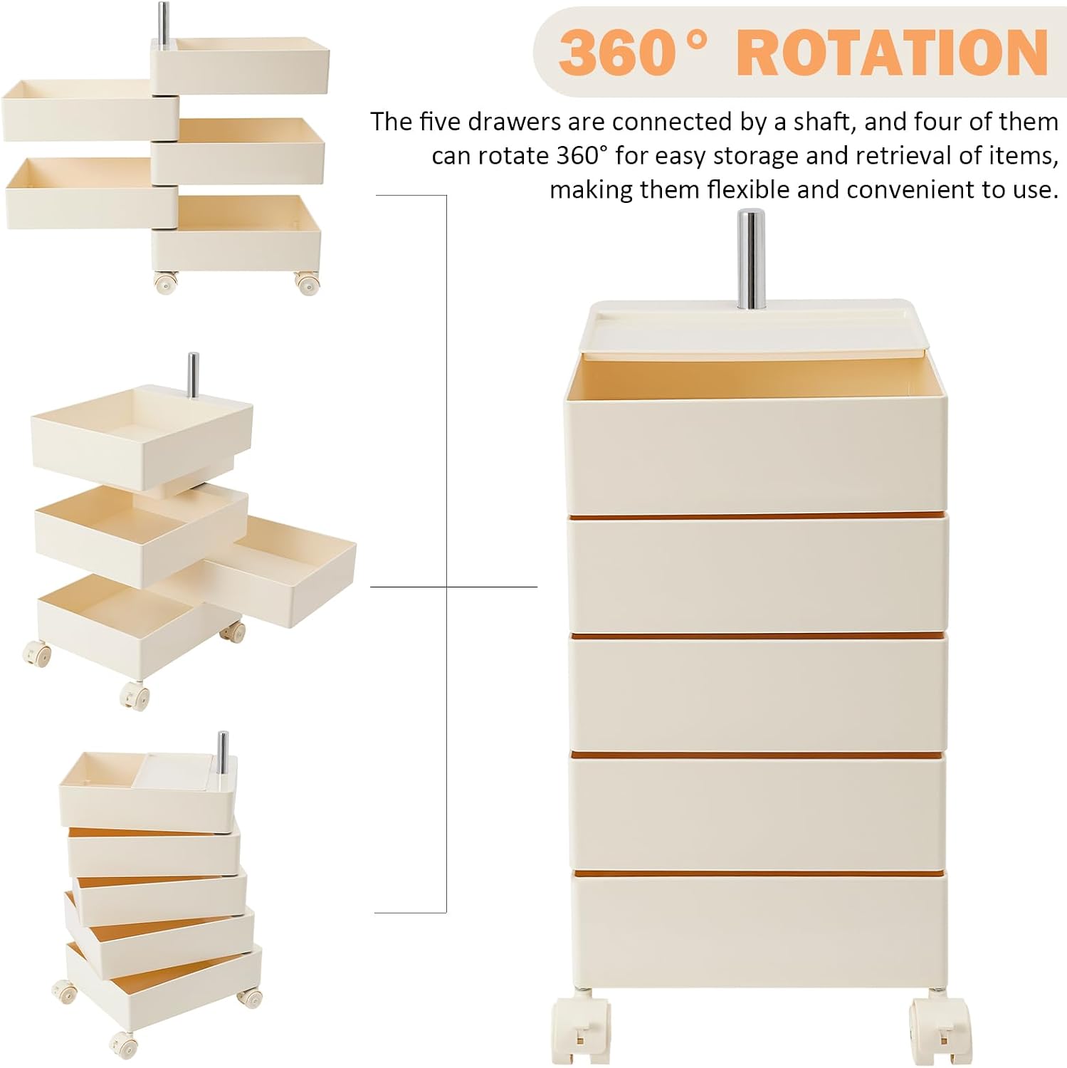 360° Movable Rotating Storage End Table Sofa Side Cabinet Laptop Bedside Table with 5 Tiers Shelves 4 Universal Casters for Living Room Bedroom Sofa Dormitory, White