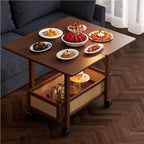 Expandable Wooden Coffee Table with Wheels Side Table with Storage Basket Removable Tabletop Rolling Cart for Living Room Lightweight