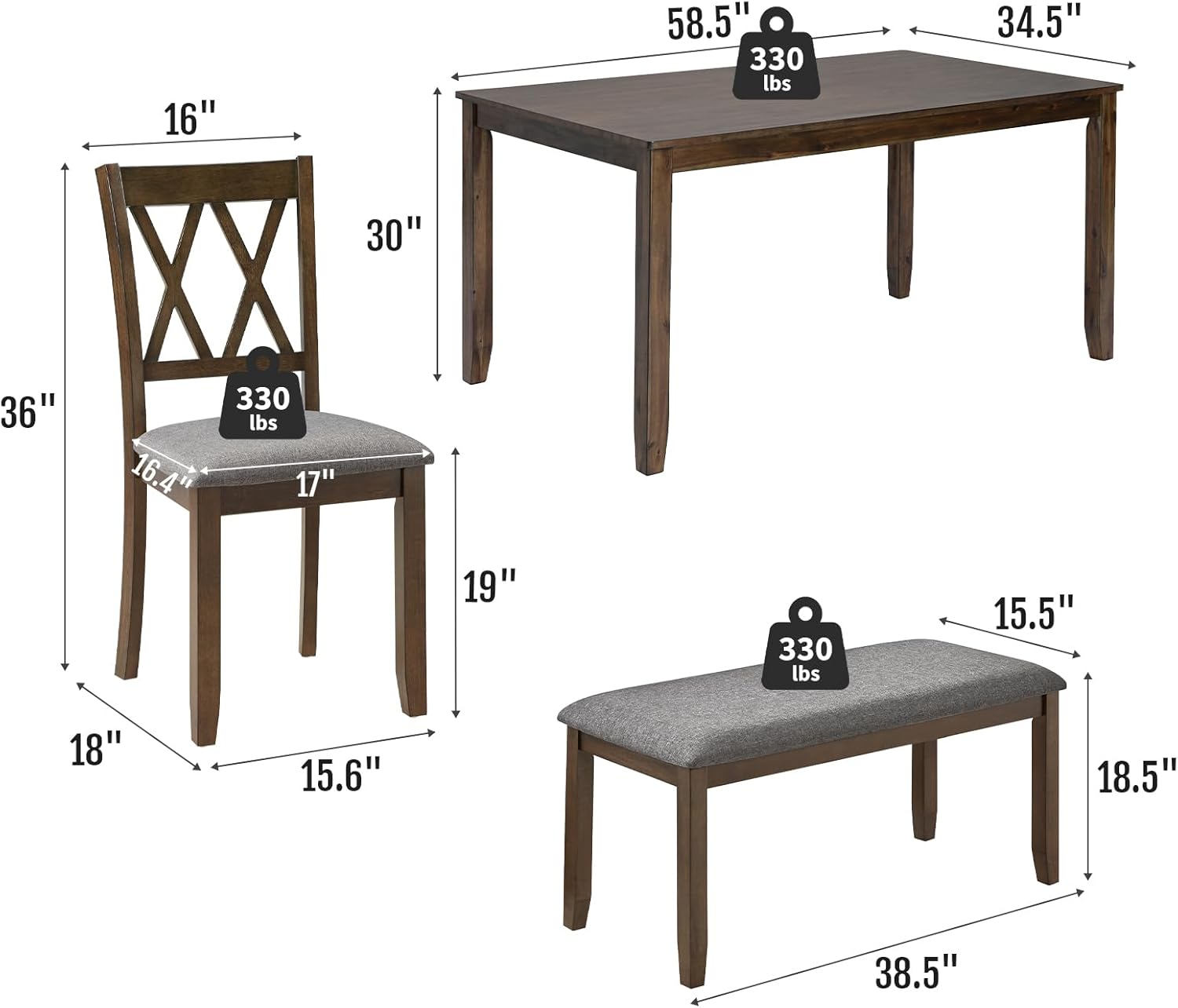Zevemomo 6-Piece Solid Wood Dining Table Set, Dining Table & Chair Set for 6, Including 1 Dining Table, 4 Upholstered Chairs and 1 Bench, Dining Table Set for Dining Room & Kitchen, Walnut