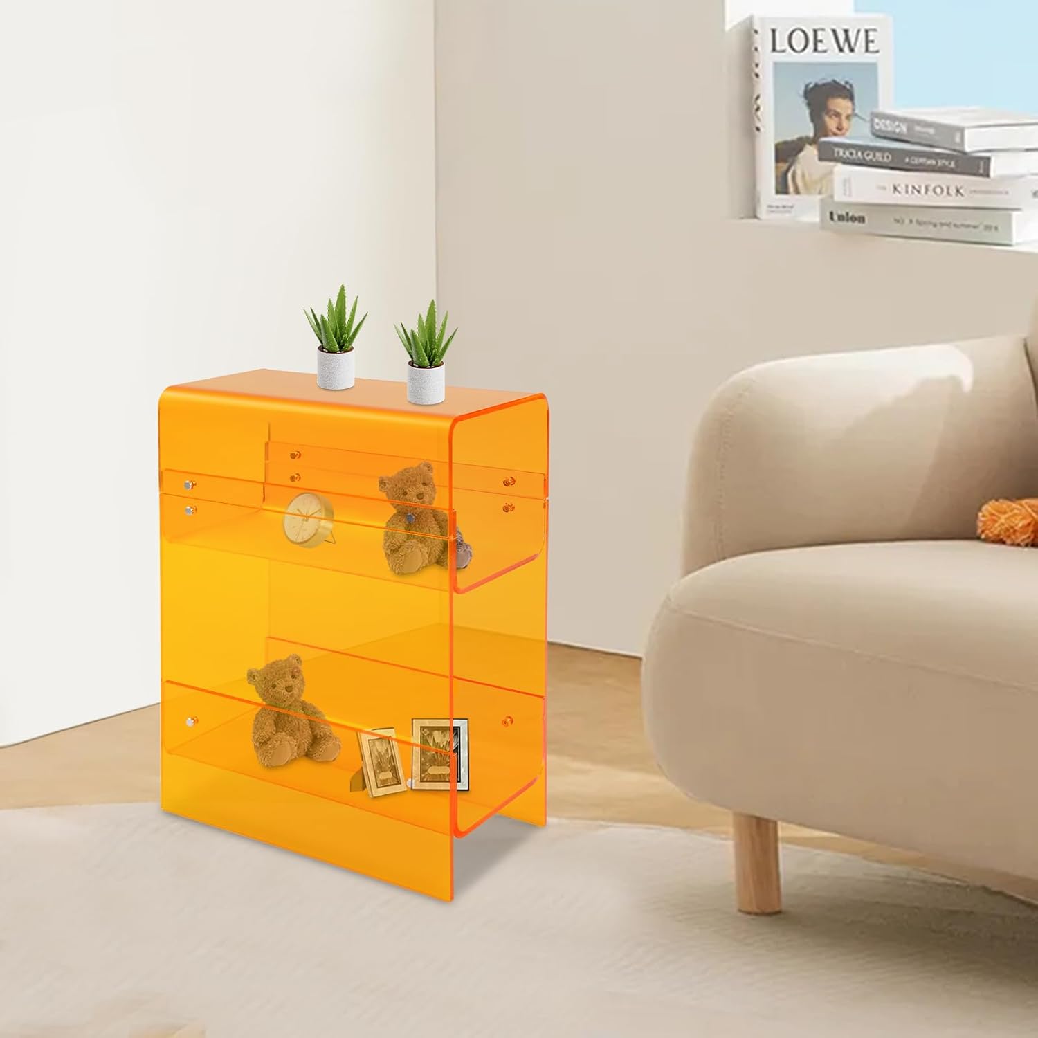 Modern Acrylic Side Table, 3-Tier Small Narrow End Table Slim Nightstand Bedside Table for Bedroom Living Room Bathroom (Orange)