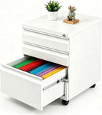 3-Drawer Metal Filing Cabinet with Lock, Pre-assembled Rolling File Cabinet on Casters, Under Desk Storage Organizer for Home Office, Fits Letter/Legal/A4 Files, 15.4"L x 19.7"D x 23.6"H（White）
