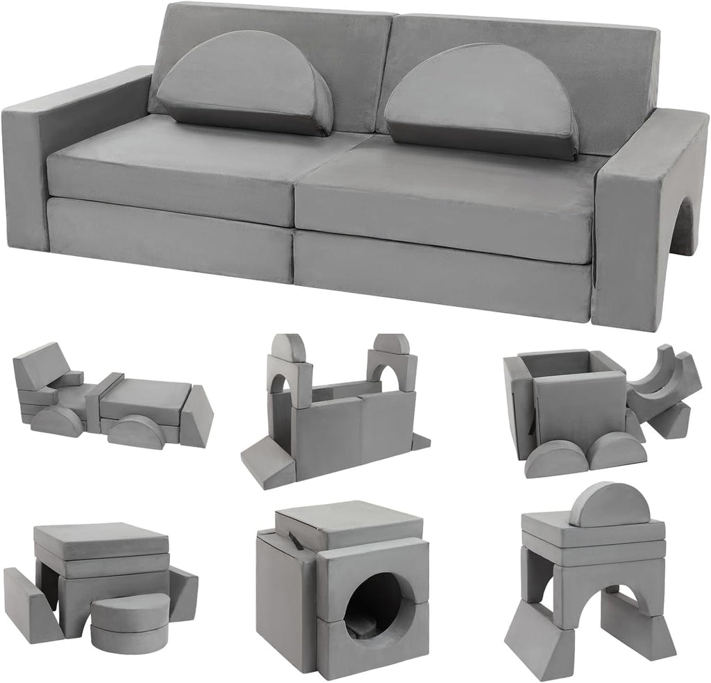 Modular Kids Play Couch, Fort Building Kids Couch for Room, Toddler Sofa That Folds, Grey