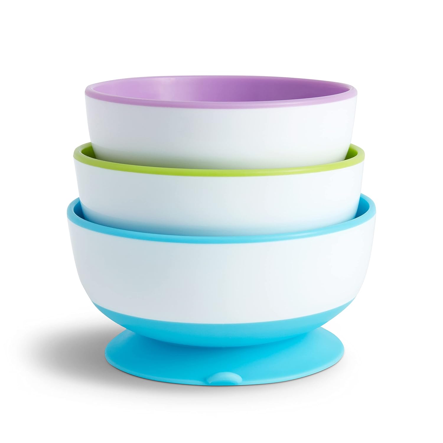 Munchkin® Snack™ Catcher Toddler Snack Cups, 2 Pack, Blue/Green & Stay Put™ Suction Bowls for Babies and Toddlers, 3 Pack, Blue/Green/Purple