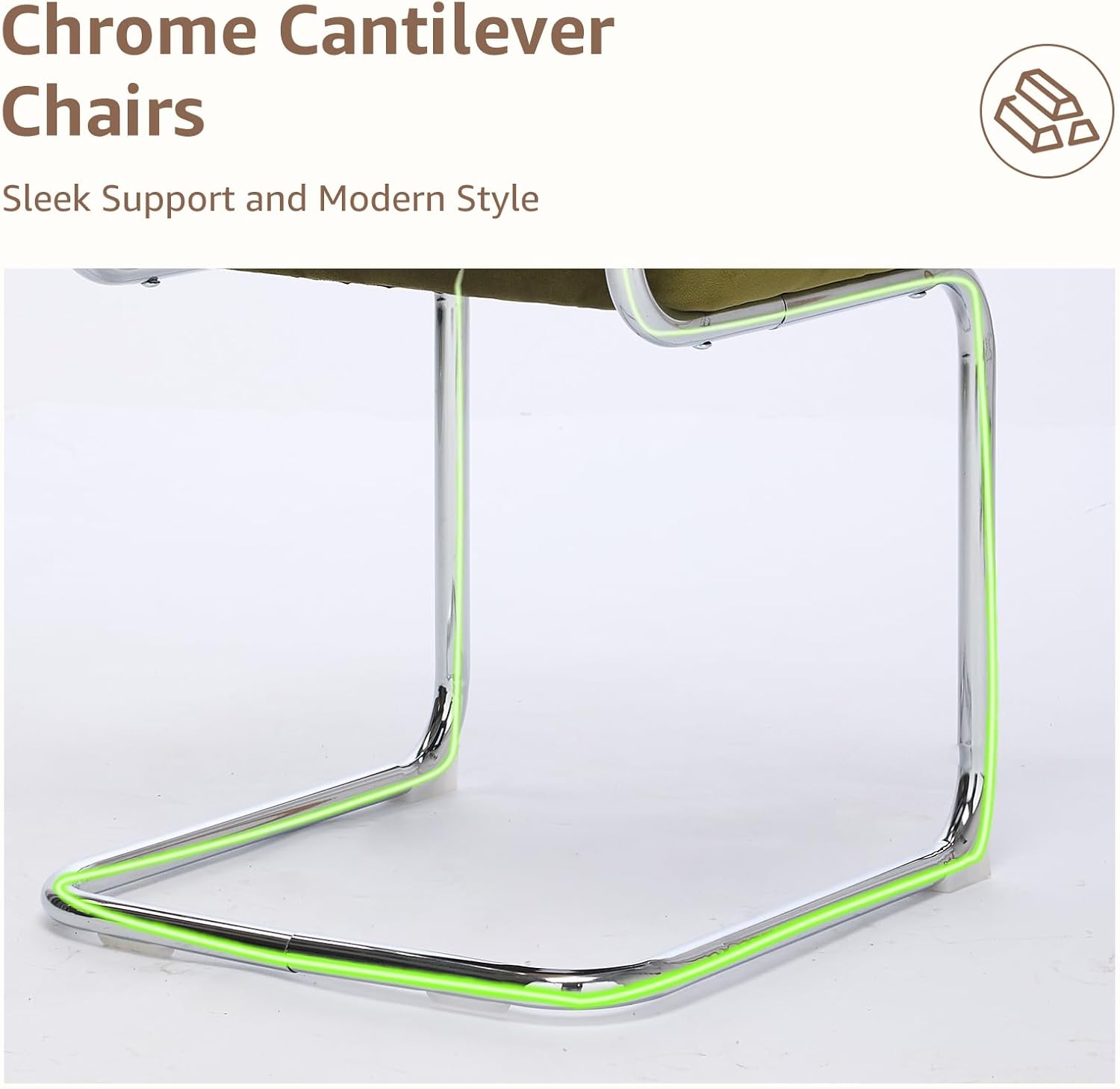 Mid Century Modern Dining Chairs Set of 2, Rattan Dining Chairs with Cane Back and Upholstered Seat, Chrome Cantilever Metal Frame, Kitchen & Dining Room Chairs, Sillas de Comedor (Green)