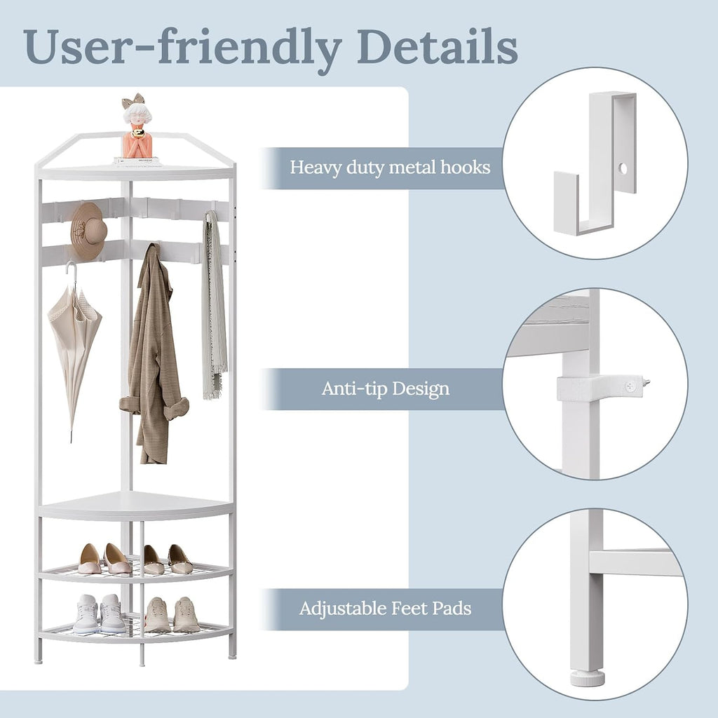 GiftGo Corner Hall Tree with Shoe Bench Entryway Coat Rack with 10 Metal Movable Hooks Freestanding Clothes Rack Shoes Shelf Organizer for Home Office Bedroom (White)