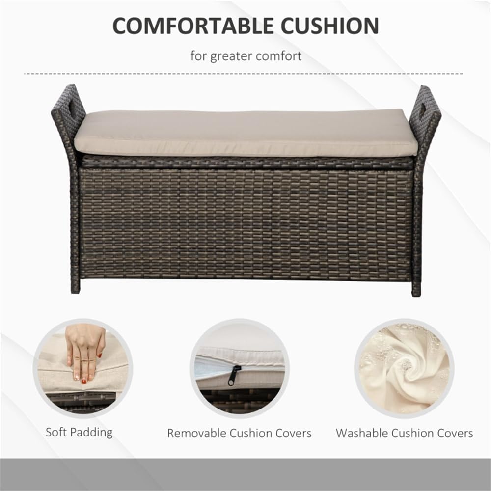 Outdoor Storage Bench with Cushioned Seat – Weather-Resistant Woven Rattan Box for Patio, Deck, Poolside and Garden Use