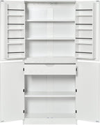 GDFStudio Mrsz 72" Tall Farmhouse Kitchen Pantry Cabinet with 8 Door Shelves & Hidden Drawer, Rectangle Storage Cabinet with 3 Adjustable Shelves, Handle-Less Cupboard for Kitchen Dining Room, White