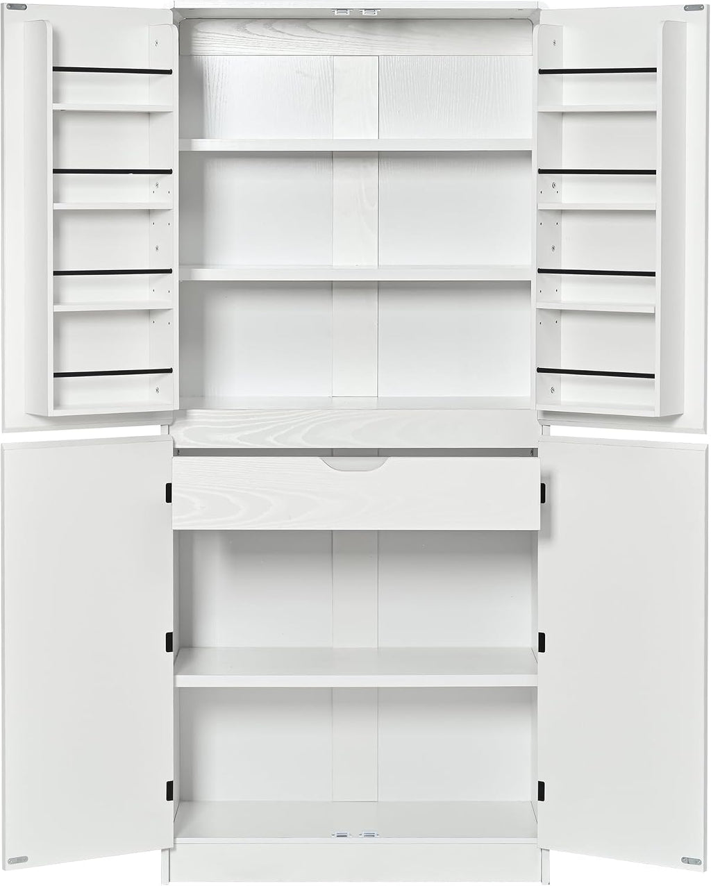 Farmhouse Kitchen Pantry Cabinet with 8 Door Shelves, Curved Tall Storage Cabinet with Adjustable Shelves and Hidden Drawer, Wood Cupboard for Kitchen, Dining Room, Bathroom (White)