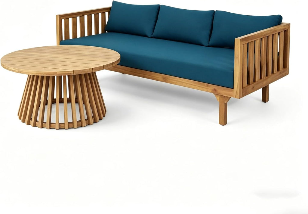 Lounge Chairs for Poolside- 2 Piece Outdoor Patio Furniture Set, Acacia Wood 3-Seater Patio Sofa with Cushions & Round Fluted Coffee Table(Color:Blue)