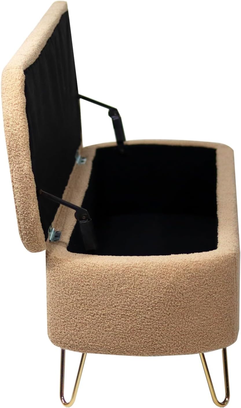 Camel Storage Ottoman Bench for End of Bed Gold Legs, Modern Camel Faux Fur Entryway Bench Upholstered Padded with Storage for Living Room Bedroom