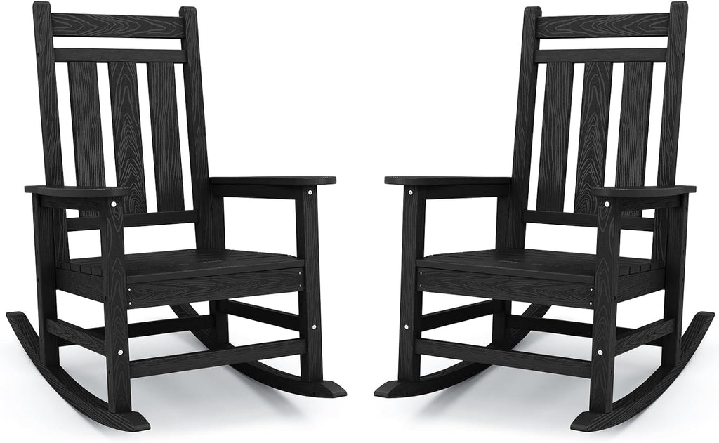 KINGYES Oversized Outdoor Rocking Chair Set of 2, All-Weather Patio Rocking Chairs for Porch, HDPE Outdoor Patio Recliner Rockers with High Back & Wide Seat for Garden, Lawn, Black