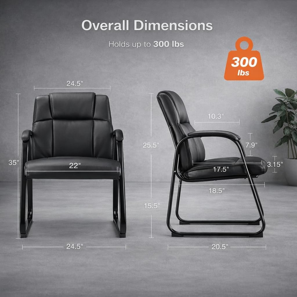 Office Guest Chair Set of 4, Leather Waiting Room Chair with Sled Base and Armrests, Reception Desk Chair No Wheels, Conference Room Chair for Office Lobby Clinic Home