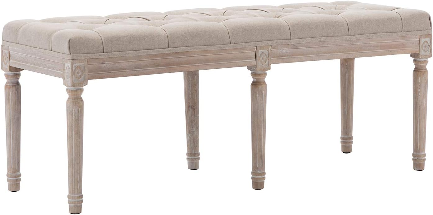 Kmax 45.3" Upholstered Dining Room Bench, Rustic Living Room Ottoman Bench with Carved Pattern & Rustic White Brushed Rubber Wood Legs, Beige
