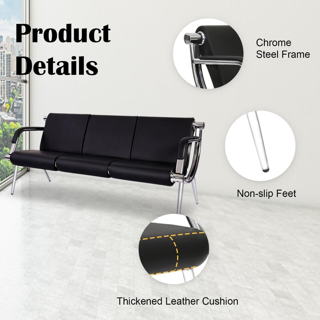 Kinsuite 9-Seat Office Reception Waiting Room Chairs - 3pcs 3-seat Guest & Reception Chairs for Salon Barber Bench Airport Bank Hall Visitor Guest Black PU Leather Office Sofa, Black