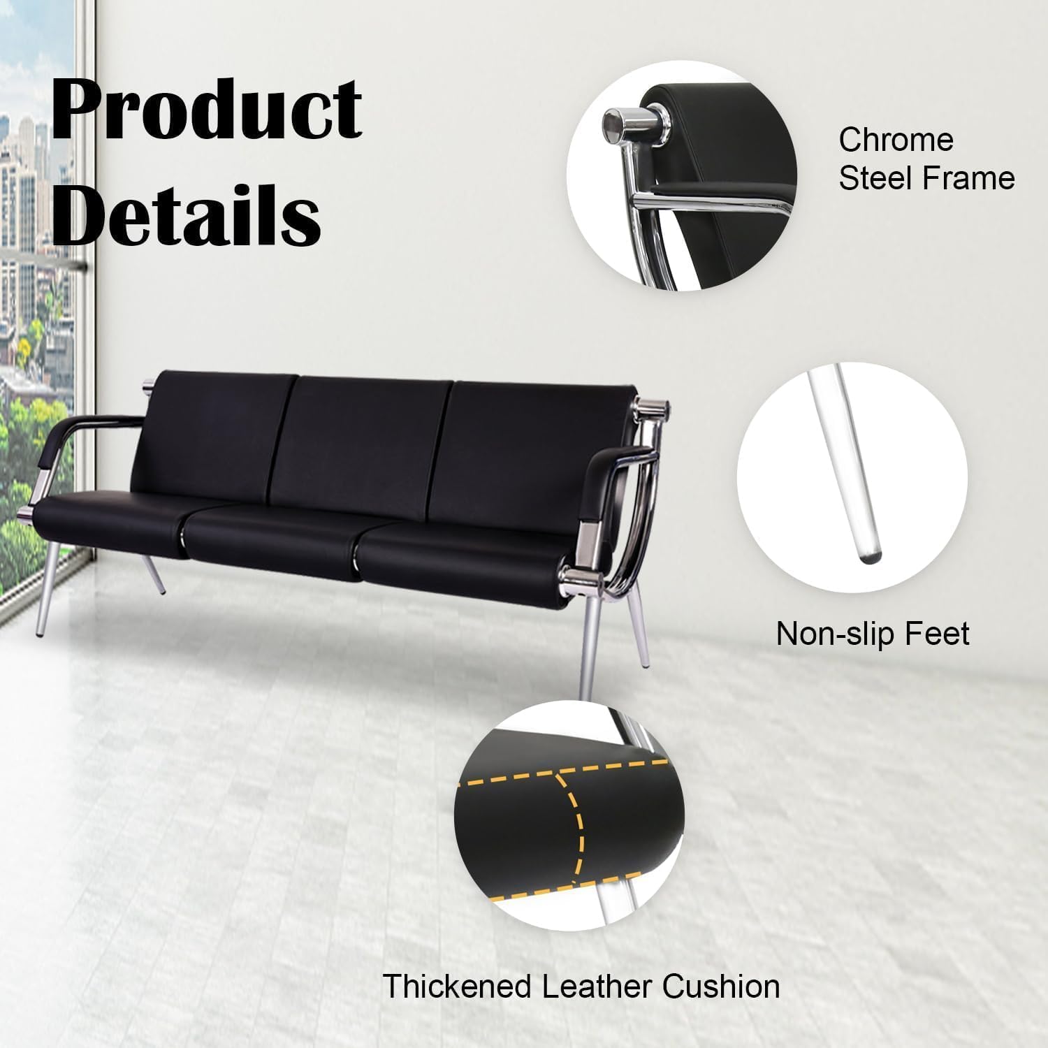 Kinsuite 9-Seat Office Reception Waiting Room Chairs - 3pcs 3-seat Guest & Reception Chairs for Salon Barber Bench Airport Bank Hall Visitor Guest Black PU Leather Office Sofa, Black