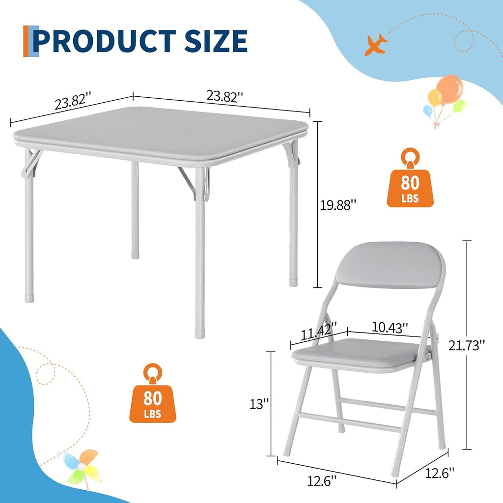 5-Piece Set Kids Folding Table and Chairs Set, Portable No-Assembly Dining Set with PU Cushion, for Boys Girls Eating Reading Playing -Gray