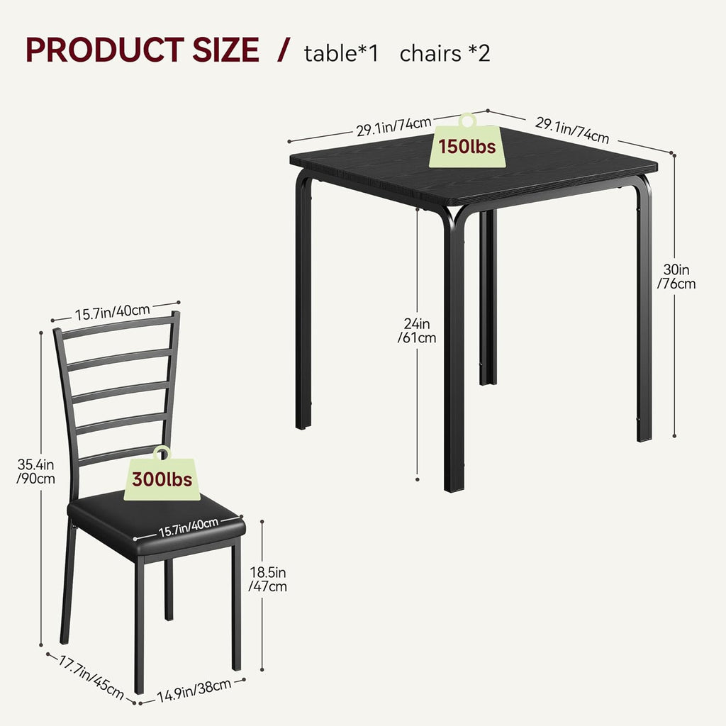 GarveeHome 3-Piece Kitchen Dining Room Table Chair Set for Small Space, Indoor Modern Dinette Set for 2, Square Dinner Table Set for Dinette (Black, Dining Table with 2 Chairs)