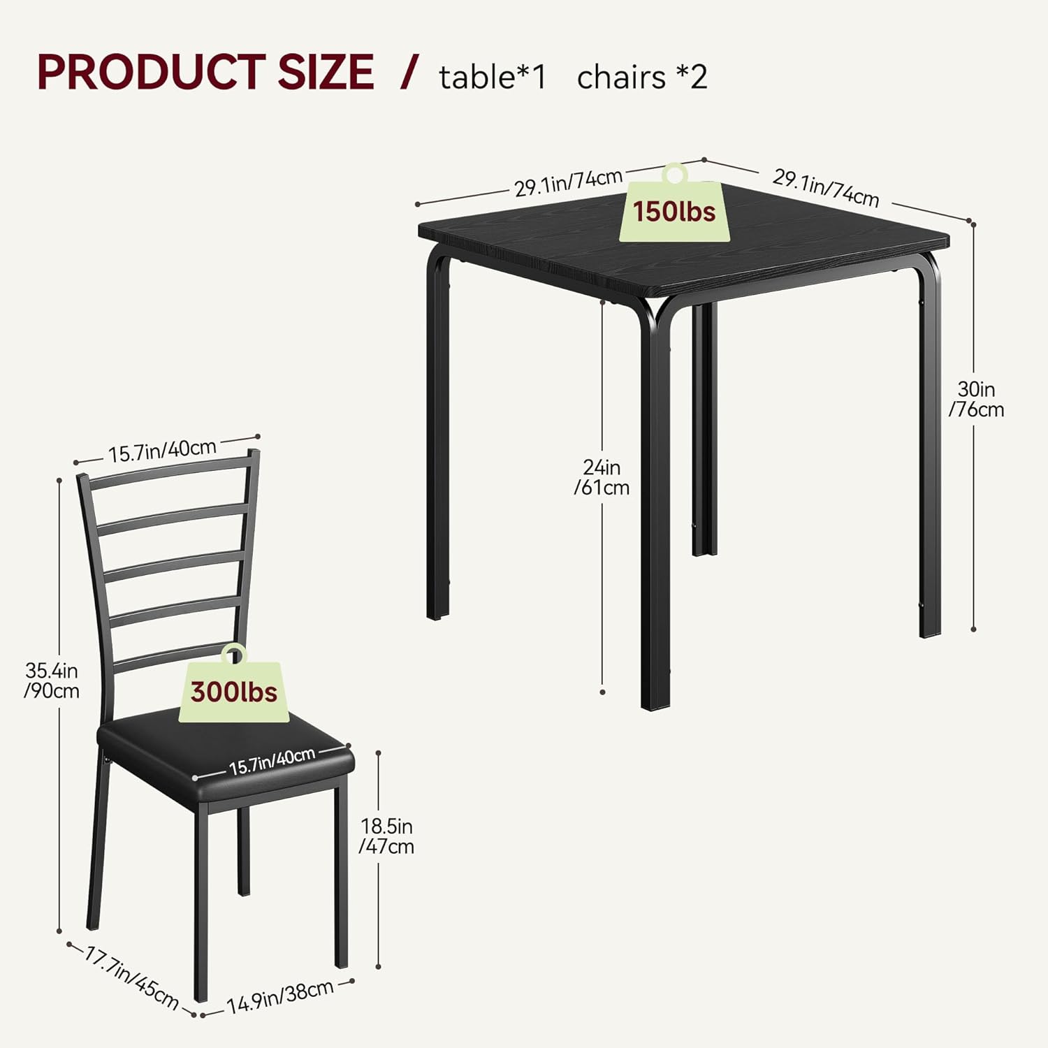 GarveeHome 3-Piece Kitchen Dining Room Table Chair Set for Small Space, Indoor Modern Dinette Set for 2, Square Dinner Table Set for Dinette (Black, Dining Table with 2 Chairs)