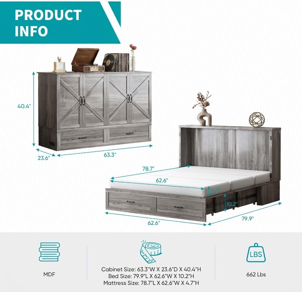 BALUS Queen Murphy Bed, Chest Murphy Bed with Built in USB Chariging Station & Storage Drawer, Solid Wood Cabinet Bed, Queen Hidden Bed for Guest/Living Room/Bedroom, No Mattress-Grey
