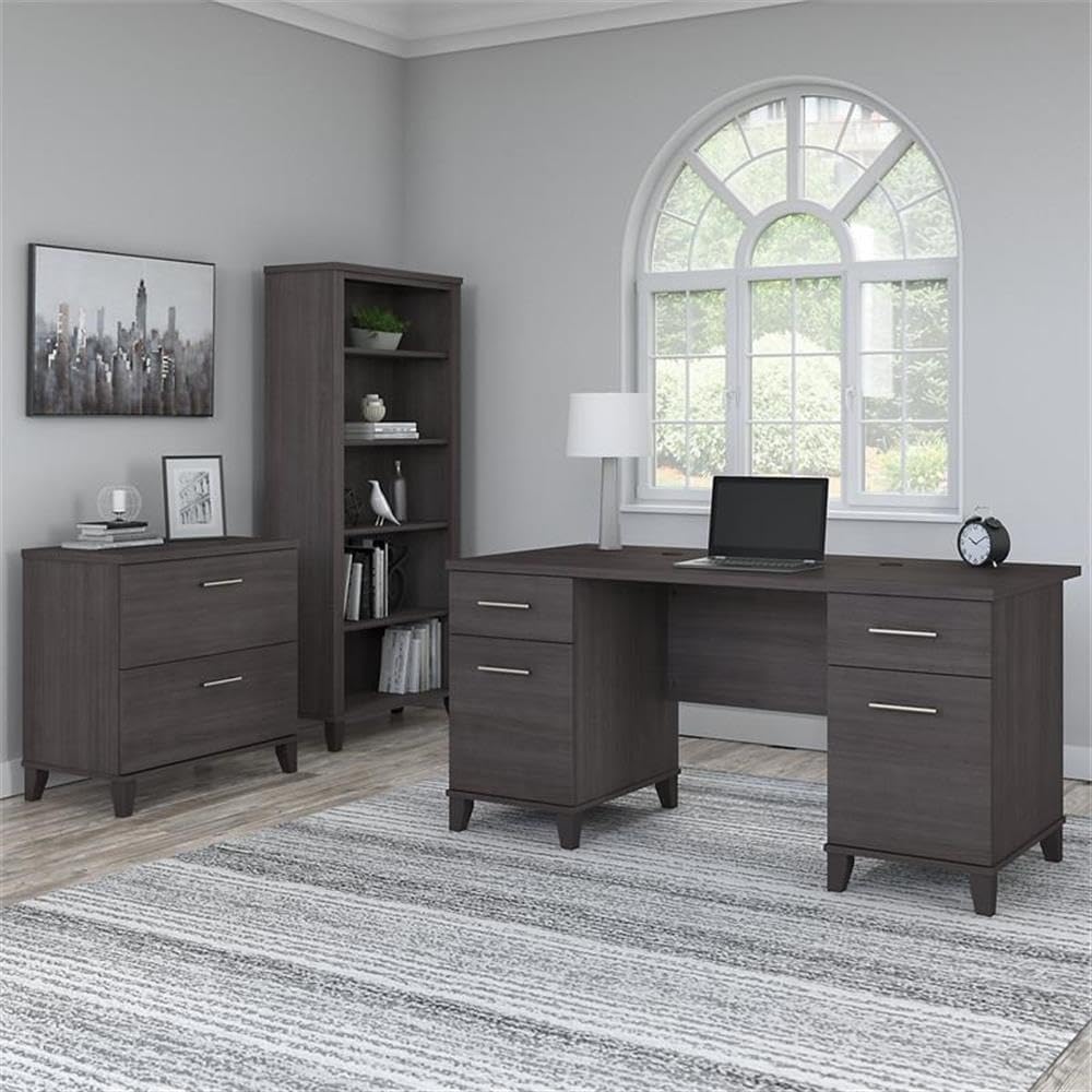 Bush Furniture Somerset 60W Office Desk with Lateral File Cabinet and 5 Shelf Bookcase in Storm Gray