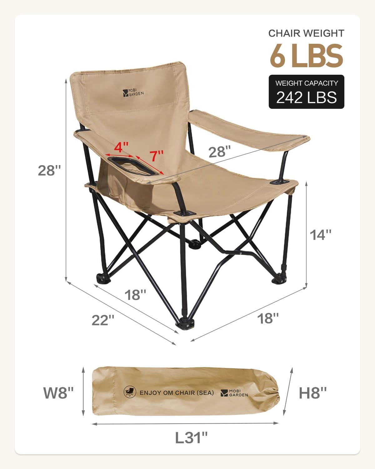 MOBI GARDEN Portable Camping Chair for Adults, Cushion Seat & Back Quad Chair with 2 Cup Holder and Mesh Back Pocket, Carry Bag Included, Black