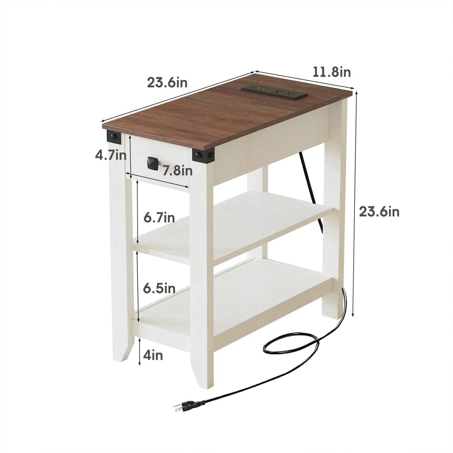 Drefure Sofa Side Table Set of 2 with Charging Station, Narrow End Tables with Storage Drawer for Living Room, Couch Side, Small Spaces, Apartment or Dorm, White Skinny Accent Table with USB Ports