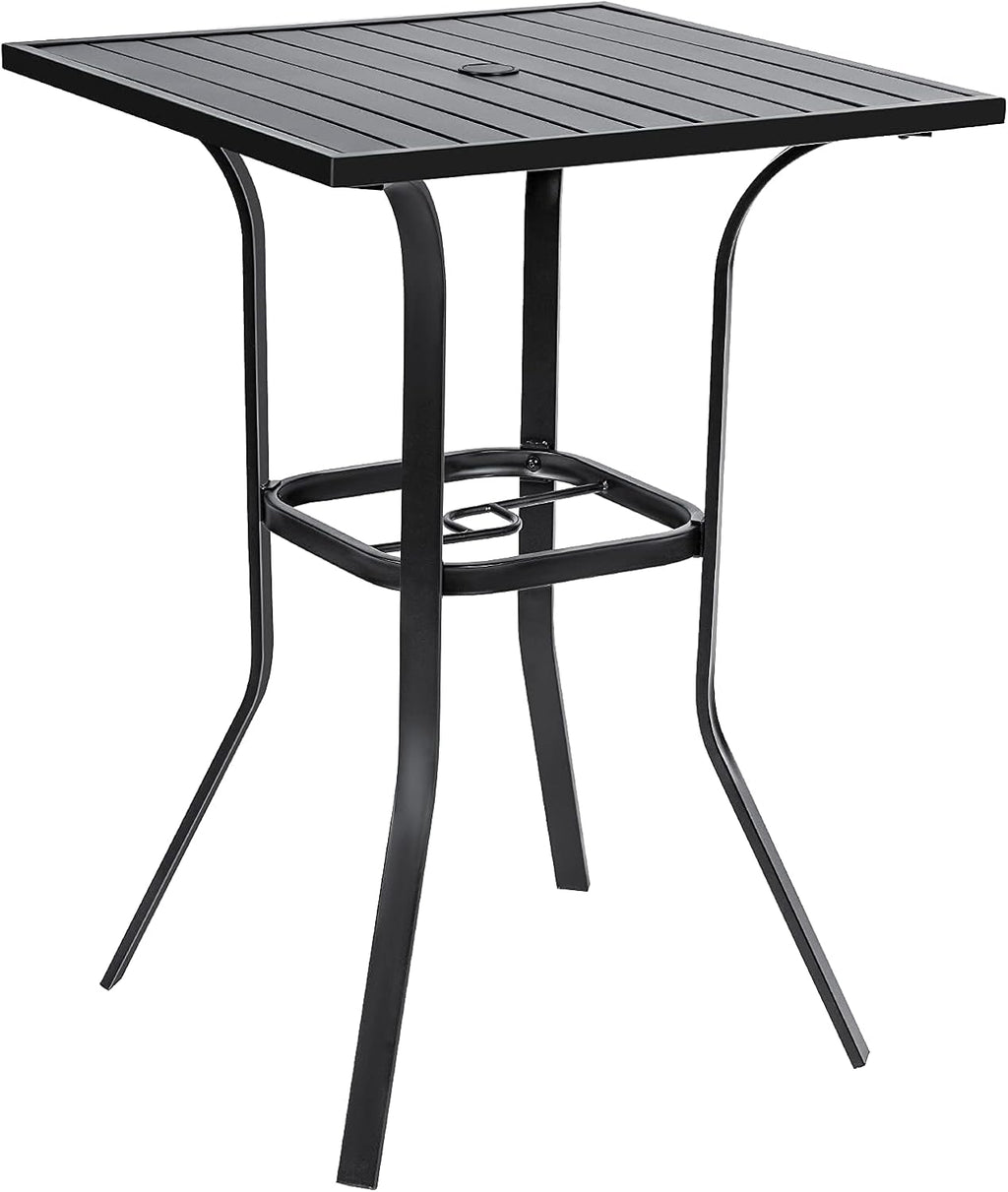 Crownland Patio Bar High 39” Table Metal Frame Outdoor Bar Bistro Table, Slatted Table Top with 1.57" Umbrella Hole, Classic Black
