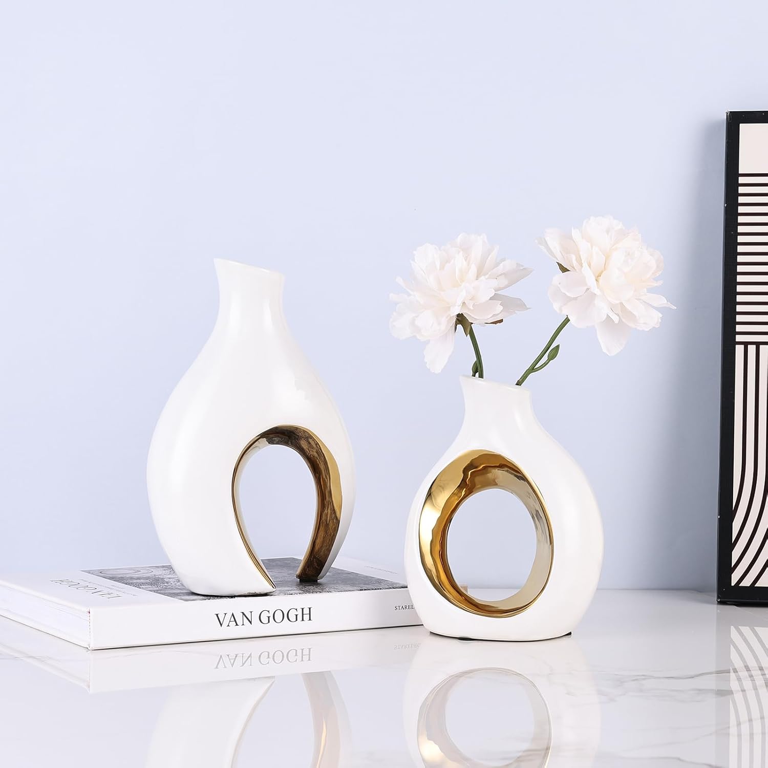 Ceramic Vase Set of 2 for Home Decor, White and Gold Abstract Intertwined Sculptural Vases, Decorative Pottery Centerpiece for Living Room, Dining Table or Entryway, Minimalist Art Decor Gift