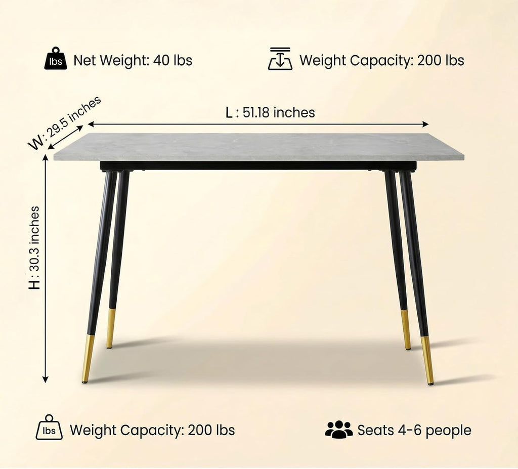 51.18" Rectangular Dining Table, Faux Marble Top Kitchen Table with Metal Frame & Adjustable Feet, Modern Waterproof Scratch-Resistant Table for Dining Room, Living Room & Home Office, Gray White
