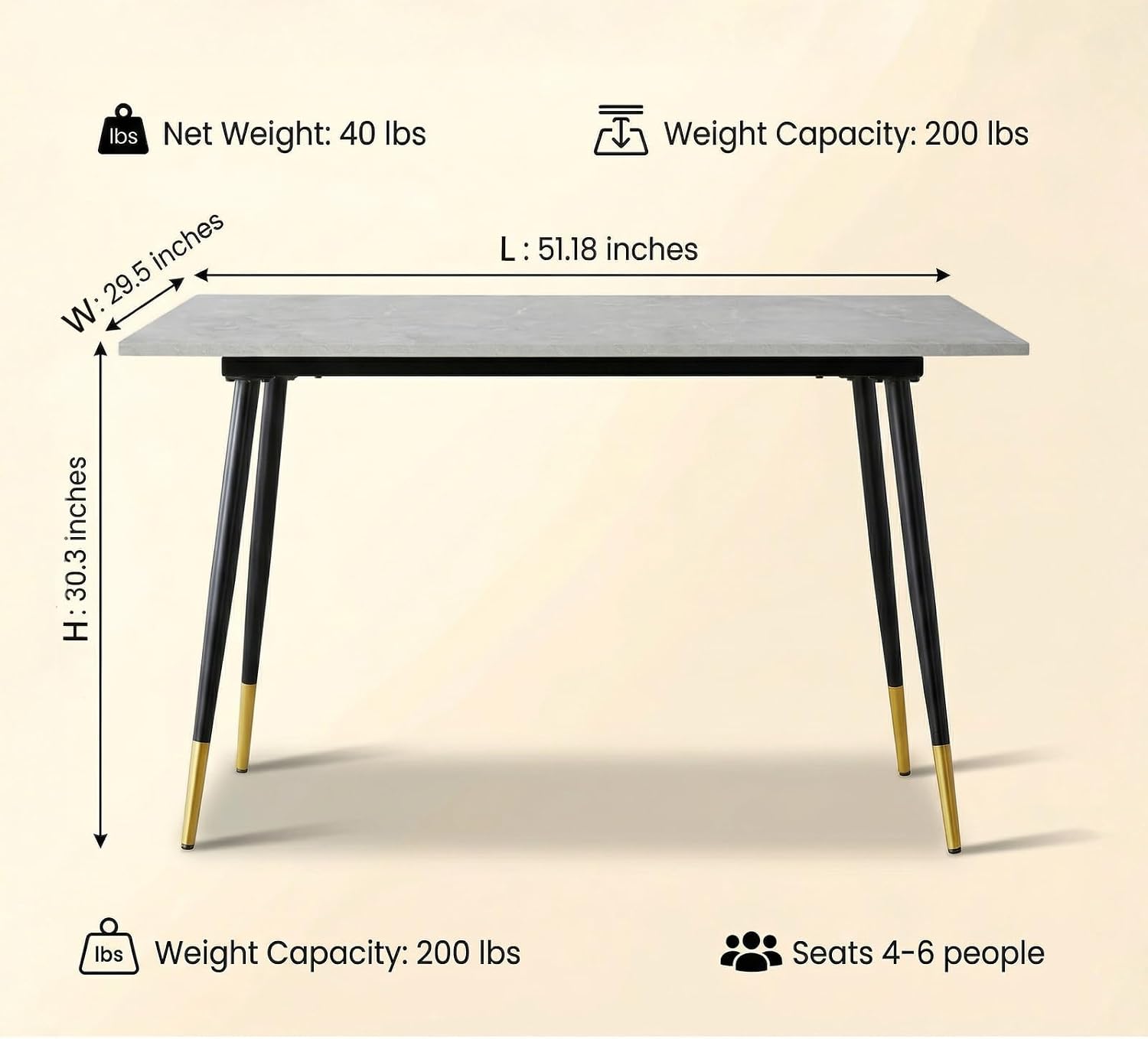 51.18" Rectangular Dining Table, Faux Marble Top Kitchen Table with Metal Frame & Adjustable Feet, Modern Waterproof Scratch-Resistant Table for Dining Room, Living Room & Home Office, Gray White