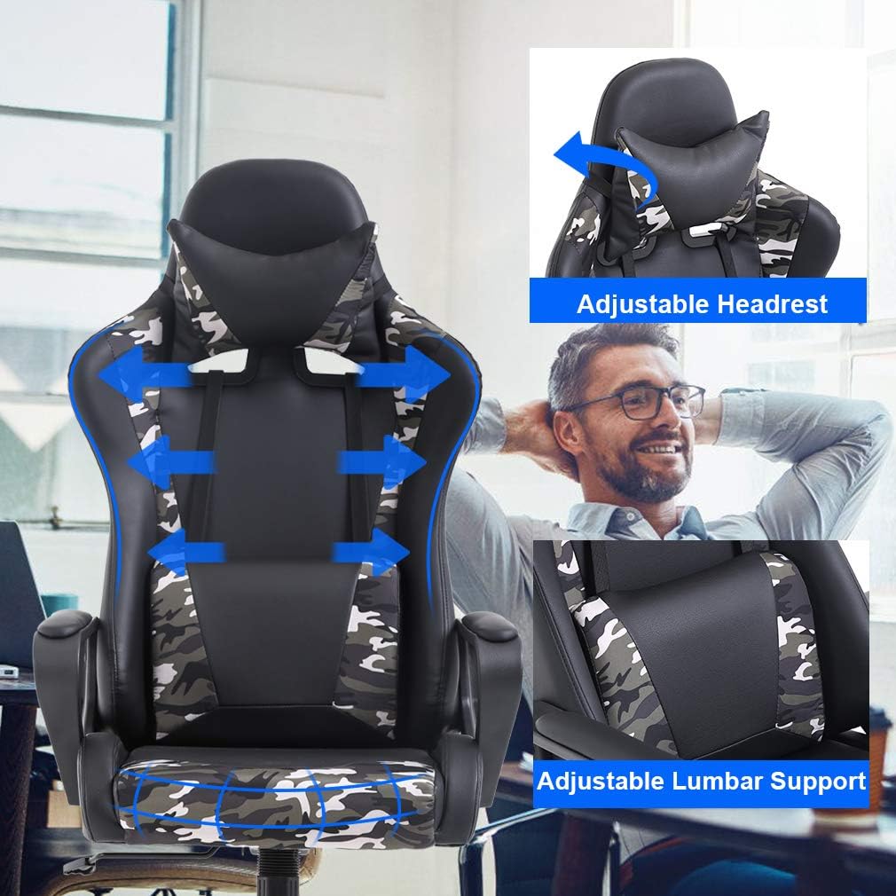 BestOffice PC Gaming Chair Office Chair Desk Chair with Lumbar Support Arms Headrest High Back PU Leather Racing Chair Rolling Swivel Executive Computer Chair for Women Adults Girls, Camo